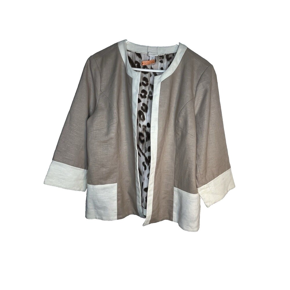 Chicos Two Tone Neutral Woven Knit Blazer Top Blouse sz 2 / L (15)